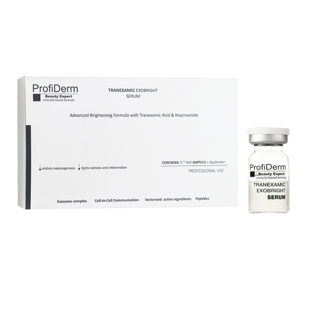 Profiderm Tranexamic Exobright Serum – Brightening Serum with Exosomes and Tranexamic Acid, 5 x 5 ml Profiderm Tranexamic Exobright Serum – Brightening Serum with Exosomes and Tranexamic Acid, 5 x 5 ml